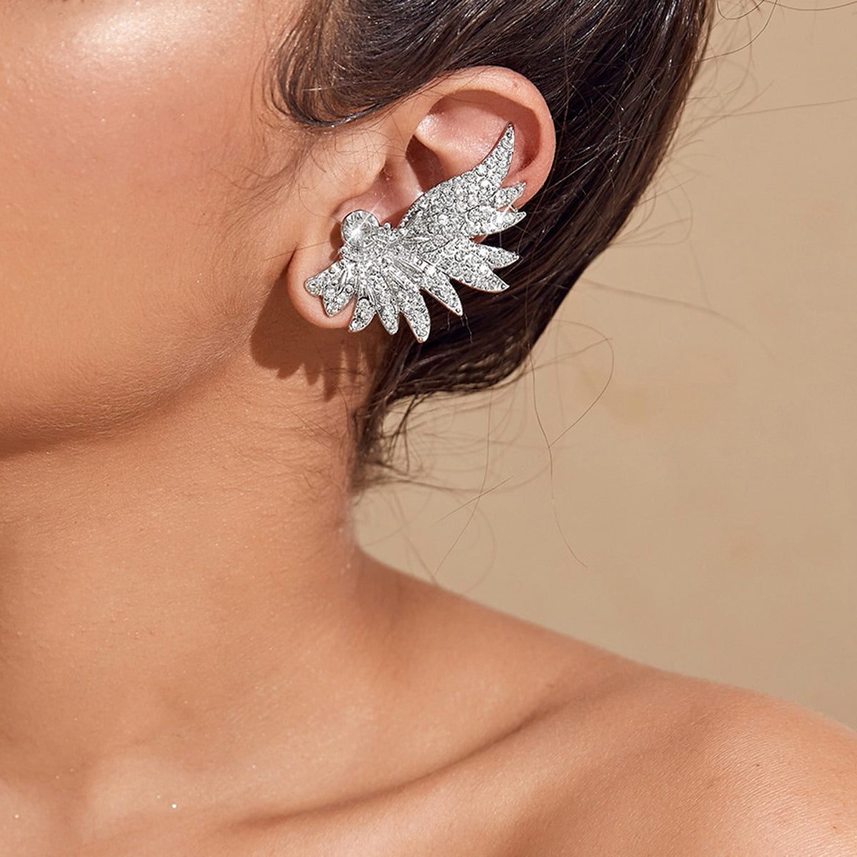Rhinestone Decoration Silver Wing Stud Cartilage Wrap Clip Earrings Ear Cuff 1pc
