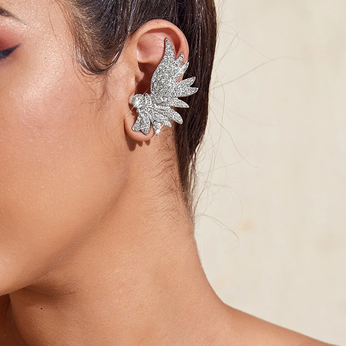 Rhinestone Decoration Silver Wing Stud Cartilage Wrap Clip Earrings Ear Cuff 1pc