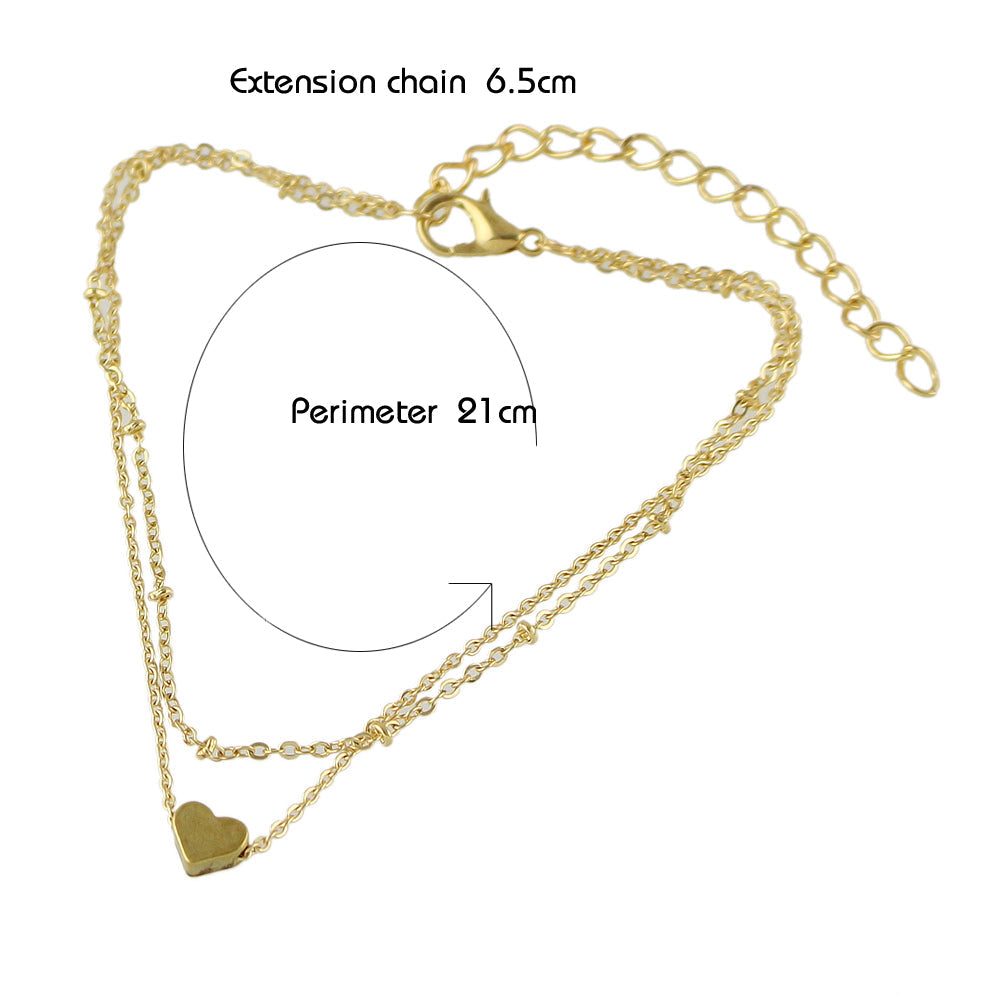 1 pc Beach Foot Jewellery Double layer Gold Chain Heart Charm Boho Chic Anklet