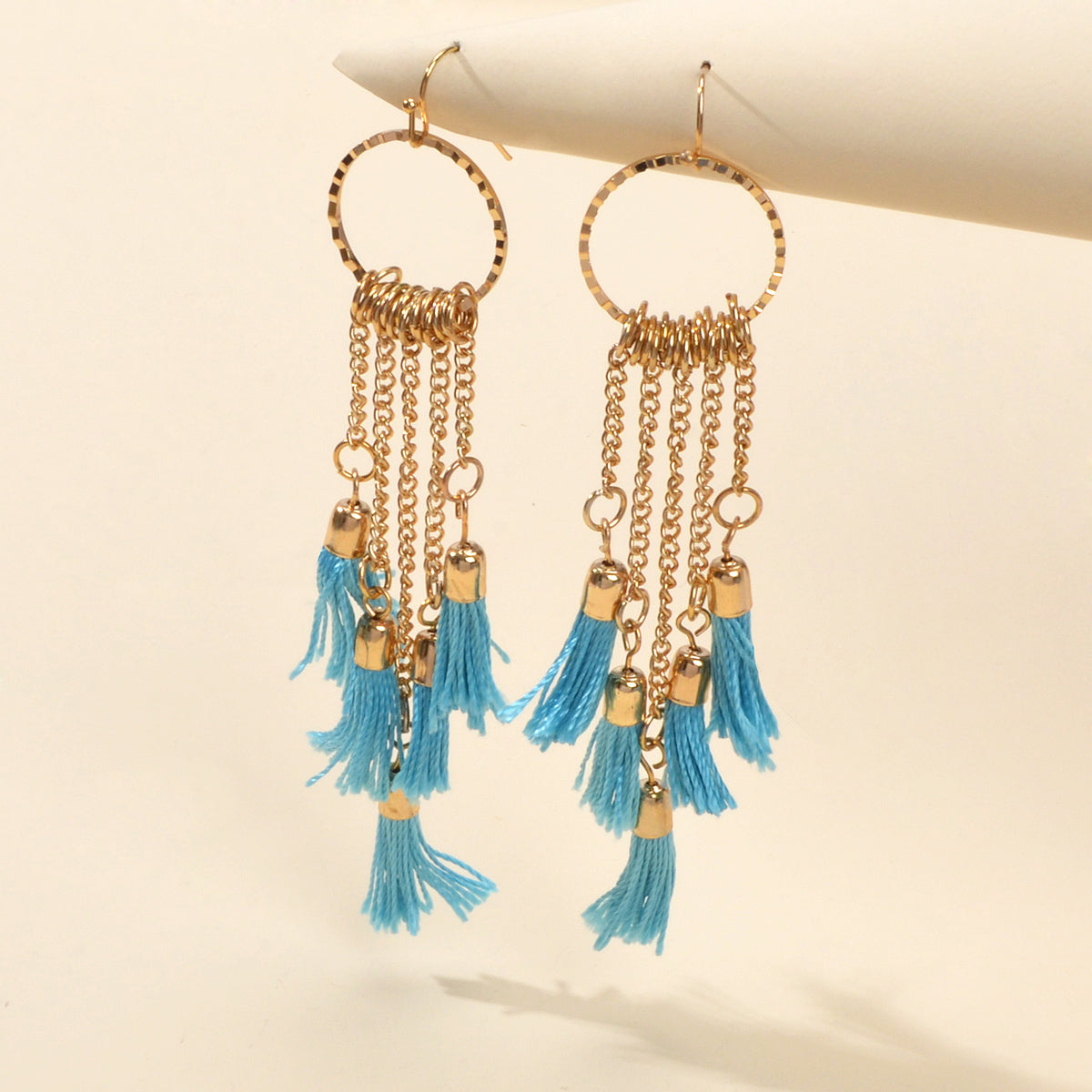 American Jewellery Ethnic Blue Tassel Long Gold Chain Dangle Bohemian Earrings