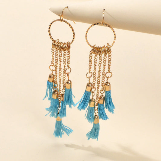 American Jewellery Ethnic Blue Tassel Long Gold Chain Dangle Bohemian Earrings