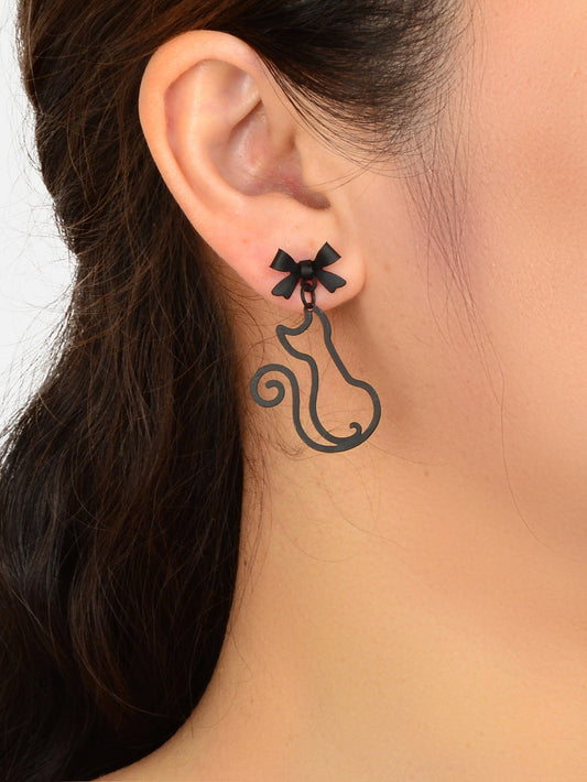 Kawaii Aesthetic Hollow Bow Tie Cat Dangle Earrings Animals Design Accessories