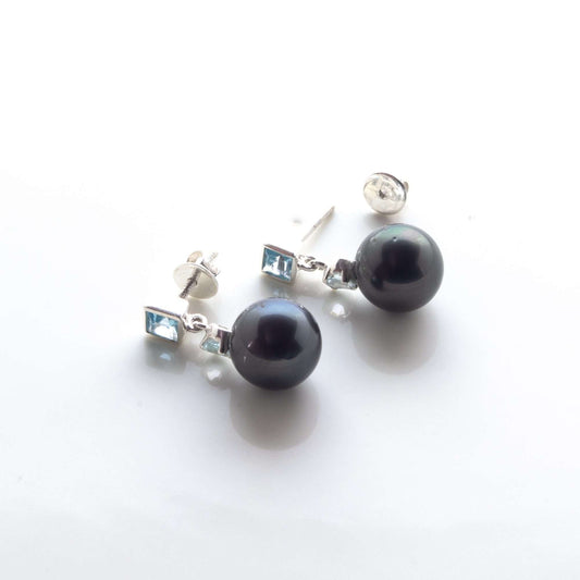 Tahitian Black Pearls with Natural Aquamarine & Blue Topaz Stone Gilgit Earrings 10.5 - 11.5 MM